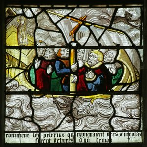 Vindue, der viser Skt. Nicholas optræde og redde rejsende, mens deres skib synker, 1460-1470 af French School